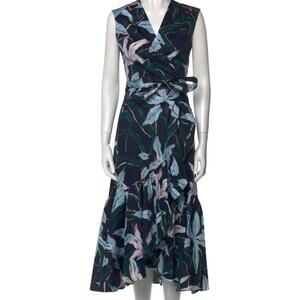 Tory Burch Navy Floral Wrap Midi Dress with Light Blue and Green Motif